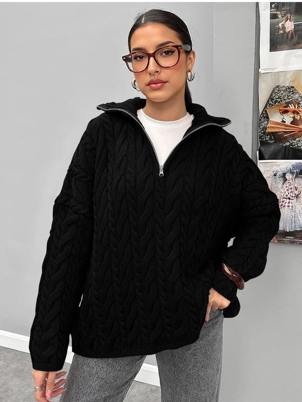 Pretty Garden Oversized Black Cable Knit Half-Zip Sweater